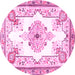 Round Machine Washable Medallion Pink Traditional Rug, wshtr4615pnk