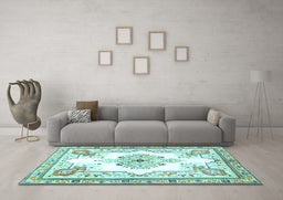 Machine Washable Medallion Light Blue Traditional Rug in a Living Room, wshtr4615lblu