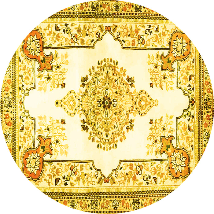 Round Machine Washable Medallion Yellow Traditional Rug, wshtr4615yw