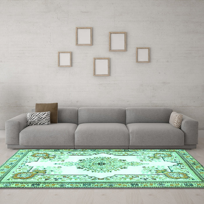 Machine Washable Medallion Turquoise Traditional Area Rugs in a Living Room,, wshtr4615turq