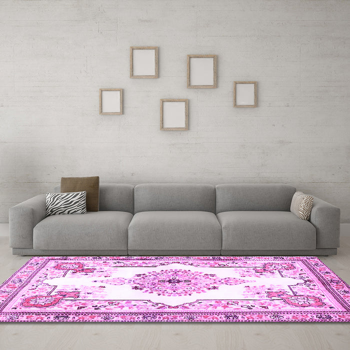 Machine Washable Medallion Purple Traditional Area Rugs in a Living Room, wshtr4615pur