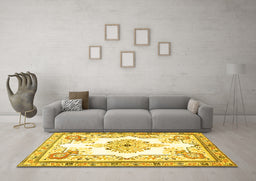 Machine Washable Medallion Yellow Traditional Rug in a Living Room, wshtr4615yw