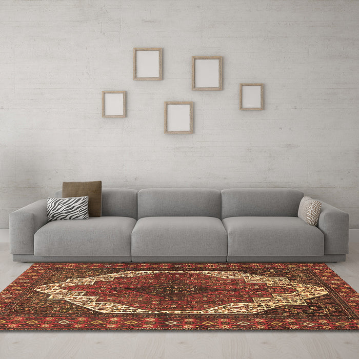 Machine Washable Medallion Brown Traditional Rug in a Living Room,, wshtr4616brn
