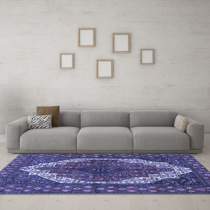Machine Washable Medallion Blue Traditional Rug in a Living Room, wshtr4616blu