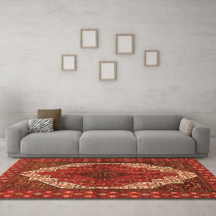 Machine Washable Medallion Orange Traditional Area Rugs in a Living Room, wshtr4616org