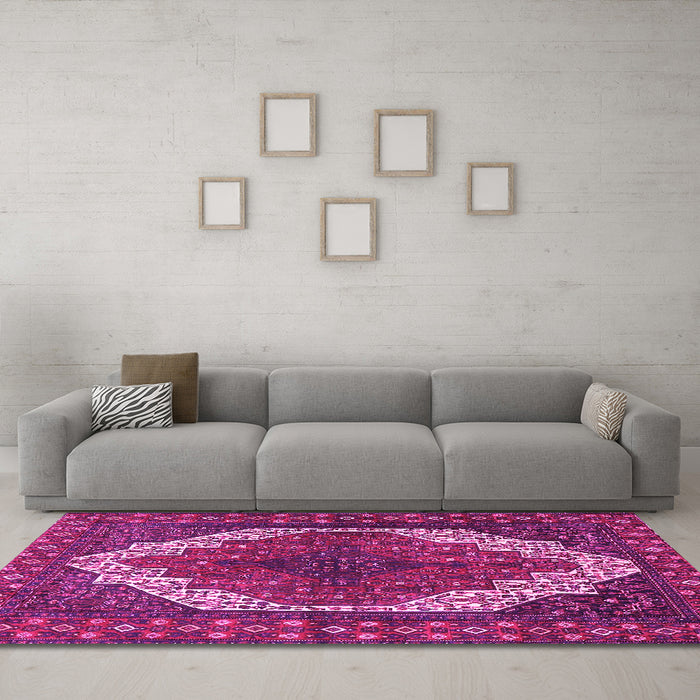 Machine Washable Medallion Pink Traditional Rug in a Living Room, wshtr4616pnk