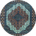 Round Machine Washable Medallion Light Blue Traditional Rug, wshtr4616lblu