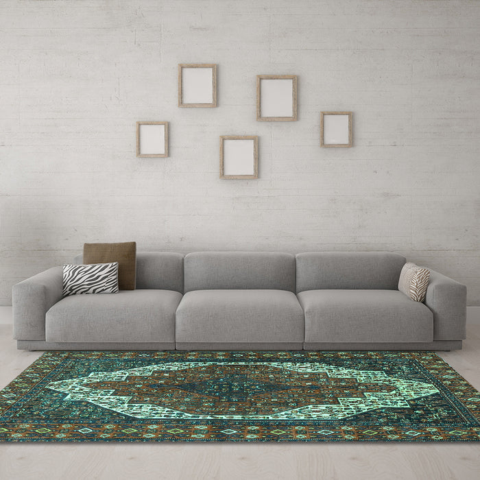 Machine Washable Medallion Turquoise Traditional Area Rugs in a Living Room,, wshtr4616turq