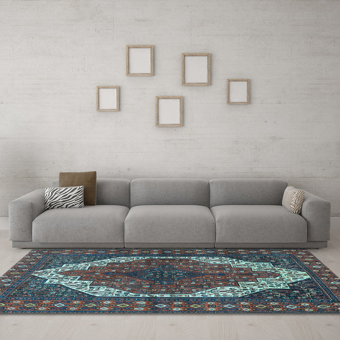 Machine Washable Medallion Light Blue Traditional Rug in a Living Room, wshtr4616lblu