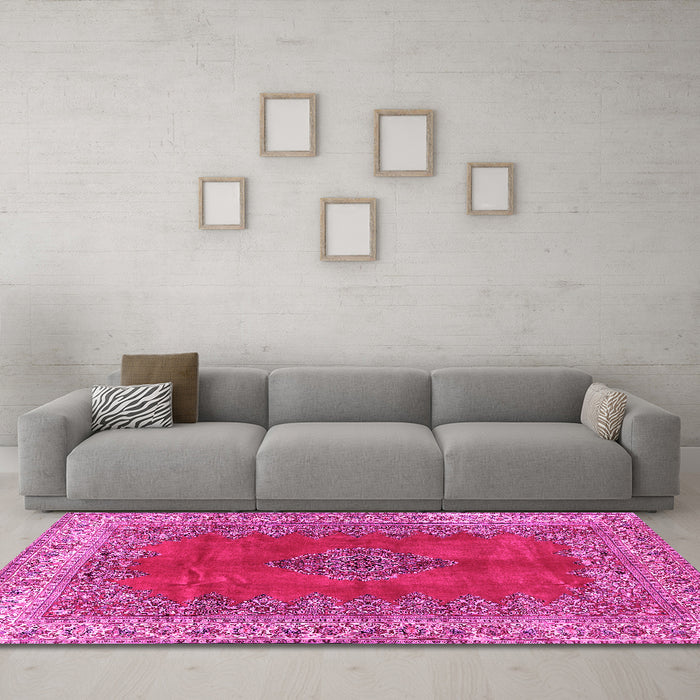 Machine Washable Medallion Pink Traditional Rug in a Living Room, wshtr4617pnk