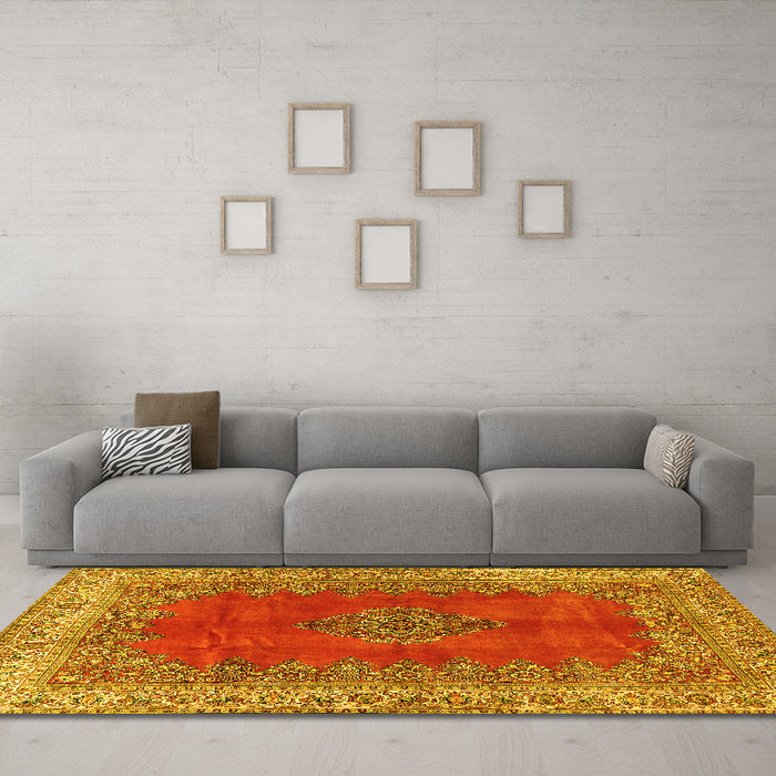 Machine Washable Medallion Yellow Traditional Rug in a Living Room, wshtr4617yw