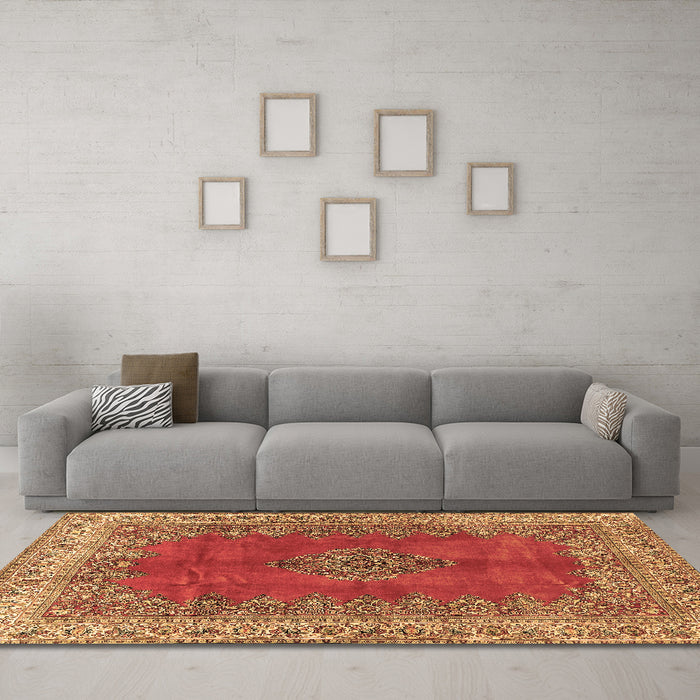 Machine Washable Medallion Brown Traditional Rug in a Living Room,, wshtr4617brn