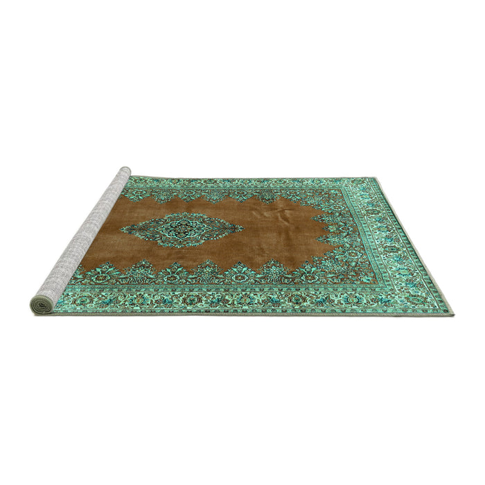 Sideview of Machine Washable Medallion Turquoise Traditional Area Rugs, wshtr4617turq