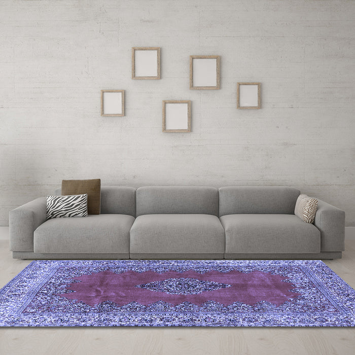 Machine Washable Medallion Blue Traditional Rug in a Living Room, wshtr4617blu