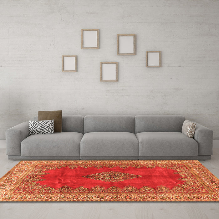 Machine Washable Medallion Orange Traditional Area Rugs in a Living Room, wshtr4617org
