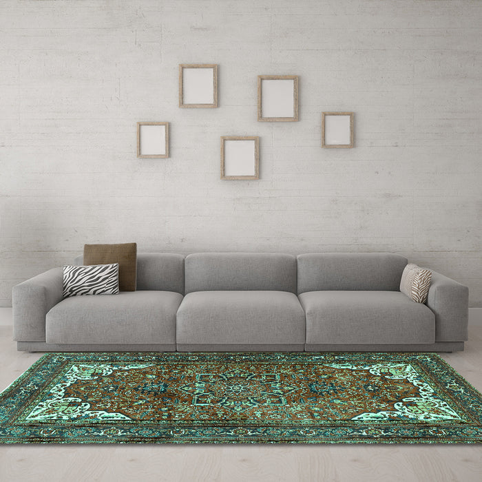 Machine Washable Persian Turquoise Traditional Area Rugs in a Living Room,, wshtr4618turq