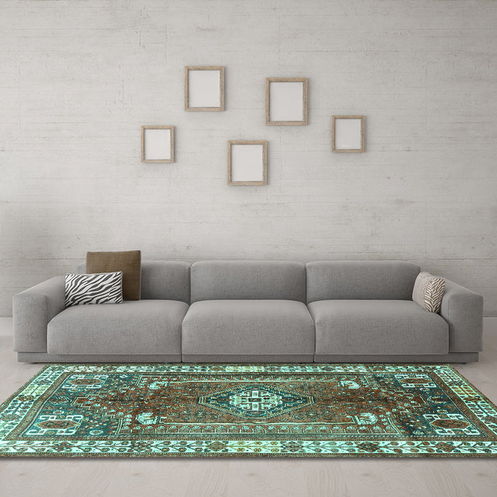 Machine Washable Persian Turquoise Traditional Area Rugs in a Living Room,, wshtr4619turq