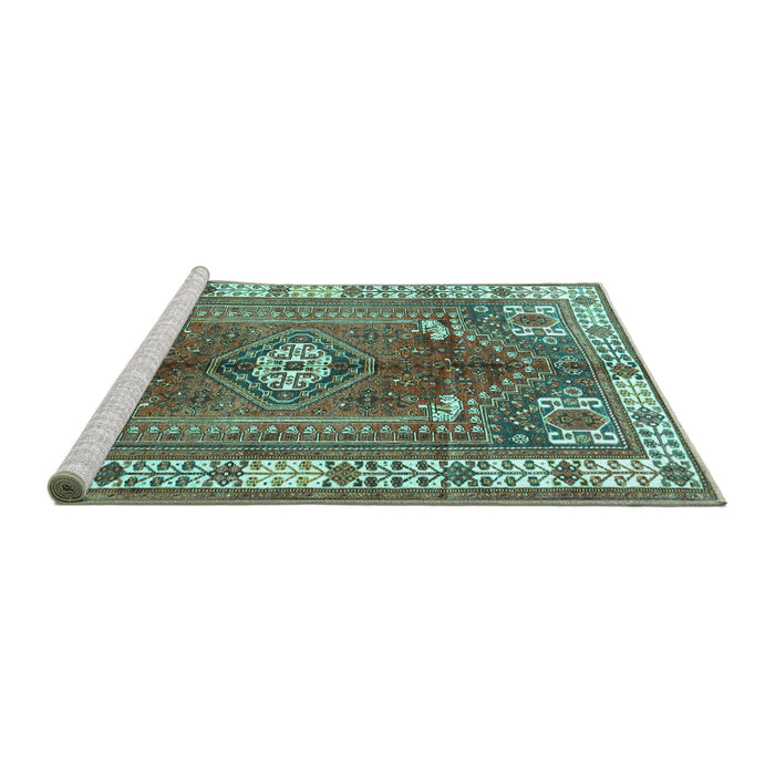 Sideview of Machine Washable Persian Turquoise Traditional Area Rugs, wshtr4619turq