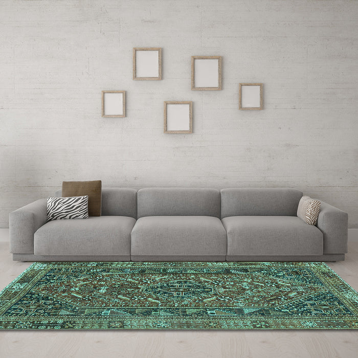 Machine Washable Persian Turquoise Traditional Area Rugs in a Living Room,, wshtr4620turq