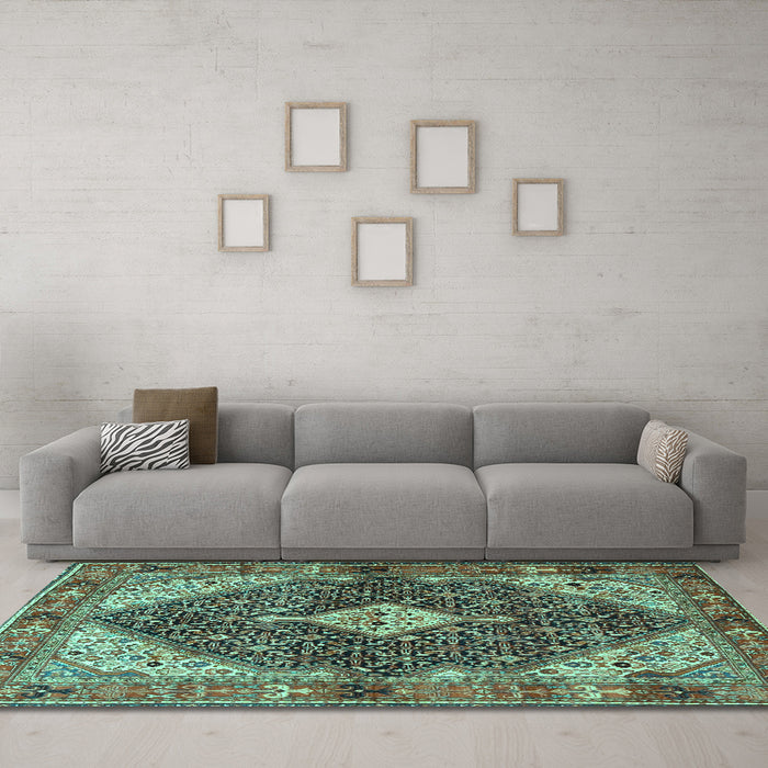 Machine Washable Persian Turquoise Traditional Area Rugs in a Living Room,, wshtr4623turq