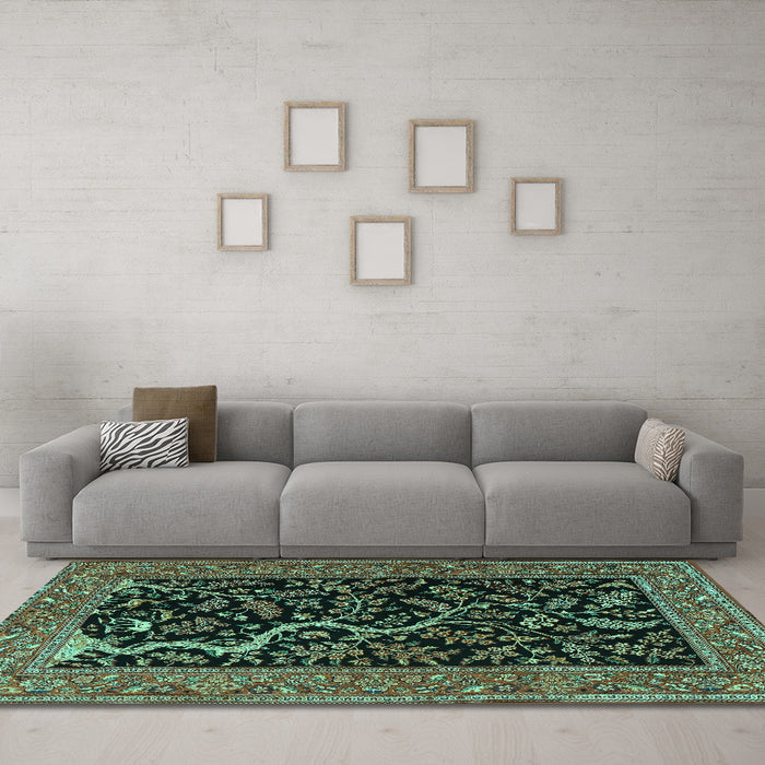 Machine Washable Persian Turquoise Traditional Area Rugs in a Living Room,, wshtr4624turq