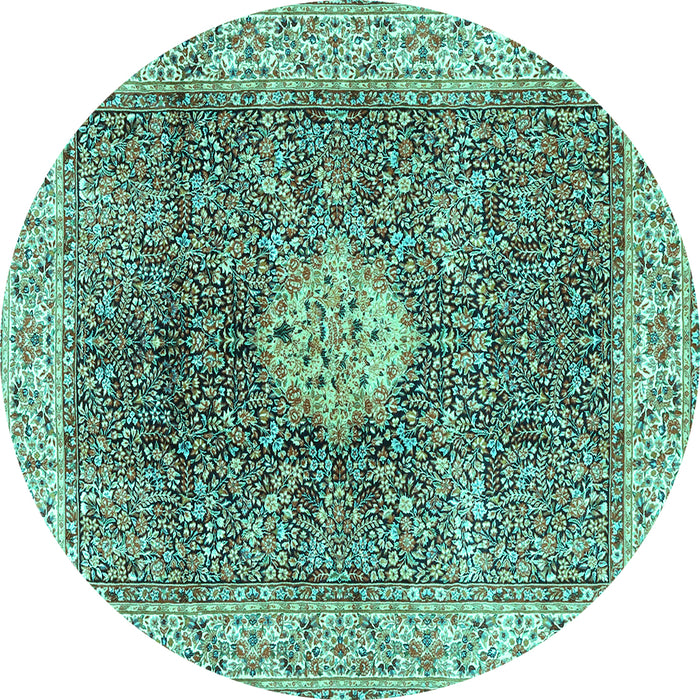 Round Machine Washable Medallion Turquoise Traditional Area Rugs, wshtr4625turq