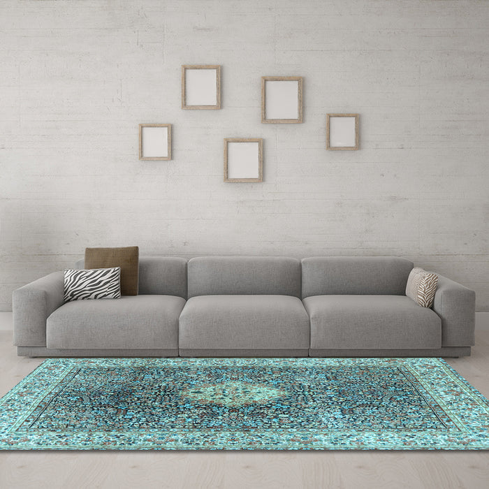 Machine Washable Medallion Light Blue Traditional Rug in a Living Room, wshtr4625lblu