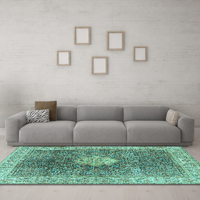 Machine Washable Medallion Turquoise Traditional Area Rugs in a Living Room,, wshtr4625turq