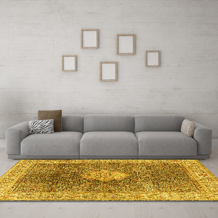 Machine Washable Medallion Yellow Traditional Rug in a Living Room, wshtr4625yw
