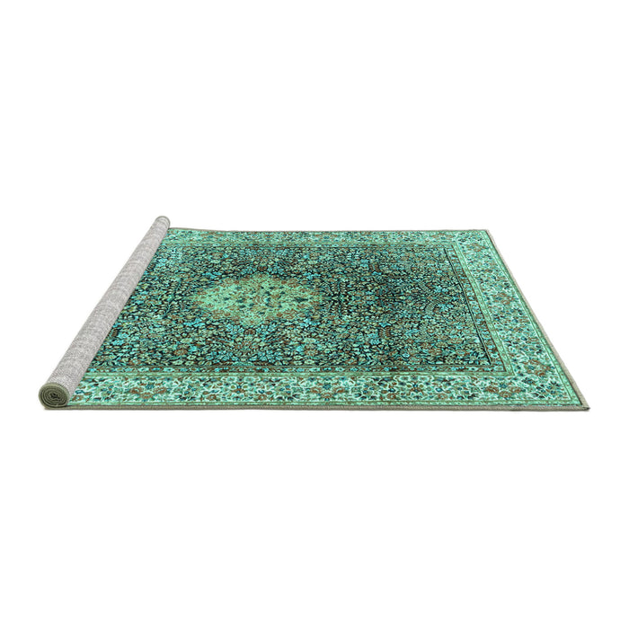 Sideview of Machine Washable Medallion Turquoise Traditional Area Rugs, wshtr4625turq