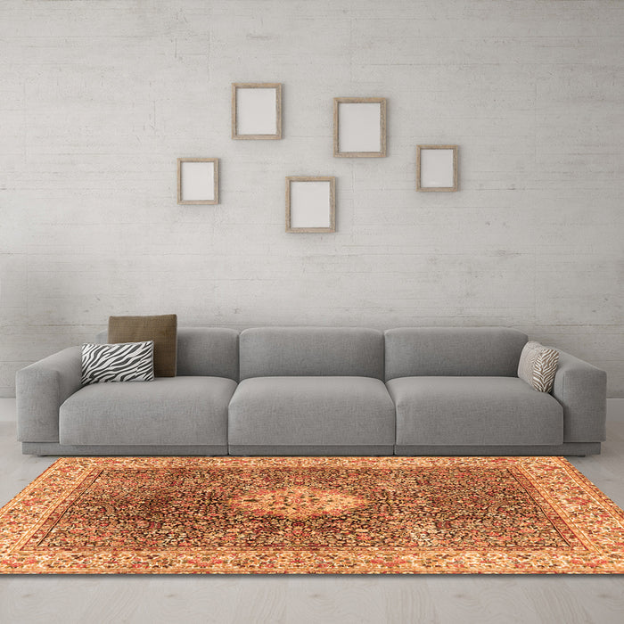 Machine Washable Medallion Orange Traditional Area Rugs in a Living Room, wshtr4625org