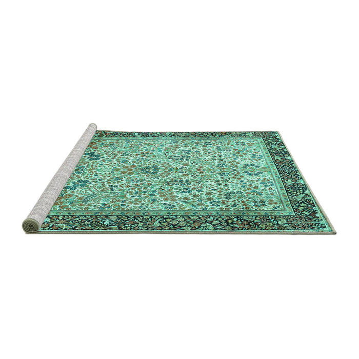 Sideview of Machine Washable Persian Turquoise Traditional Area Rugs, wshtr4626turq