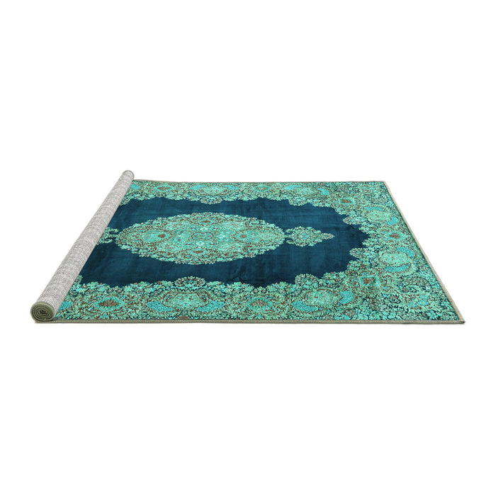 Sideview of Machine Washable Medallion Turquoise Traditional Area Rugs, wshtr4627turq