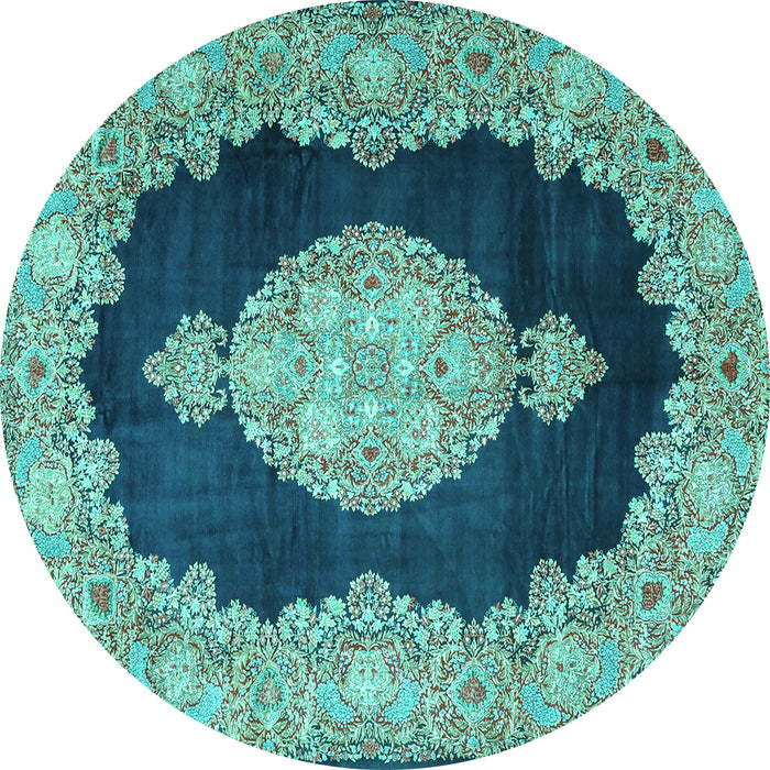 Round Machine Washable Medallion Turquoise Traditional Area Rugs, wshtr4627turq