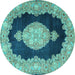 Round Machine Washable Medallion Turquoise Traditional Area Rugs, wshtr4627turq