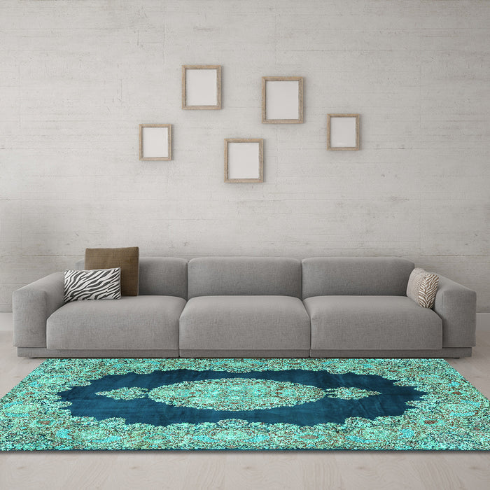 Machine Washable Medallion Turquoise Traditional Area Rugs in a Living Room,, wshtr4627turq