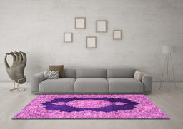 Machine Washable Medallion Pink Traditional Rug in a Living Room, wshtr4627pnk