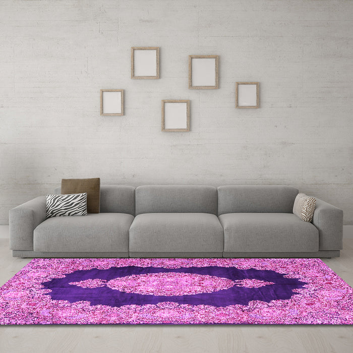 Machine Washable Medallion Pink Traditional Rug in a Living Room, wshtr4627pnk