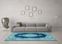 Machine Washable Medallion Light Blue Traditional Rug, wshtr4627lblu