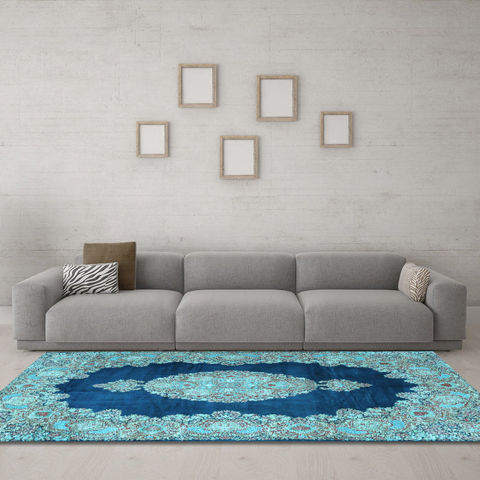 Machine Washable Medallion Light Blue Traditional Rug in a Living Room, wshtr4627lblu