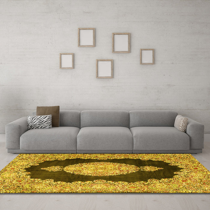 Machine Washable Medallion Yellow Traditional Rug in a Living Room, wshtr4627yw