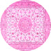 Round Machine Washable Medallion Pink Traditional Rug, wshtr4628pnk