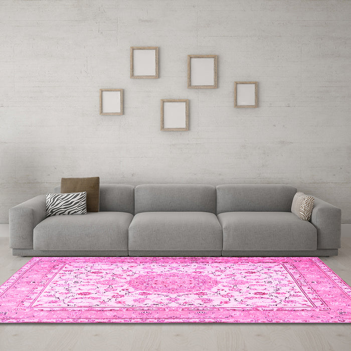 Machine Washable Medallion Pink Traditional Rug in a Living Room, wshtr4628pnk