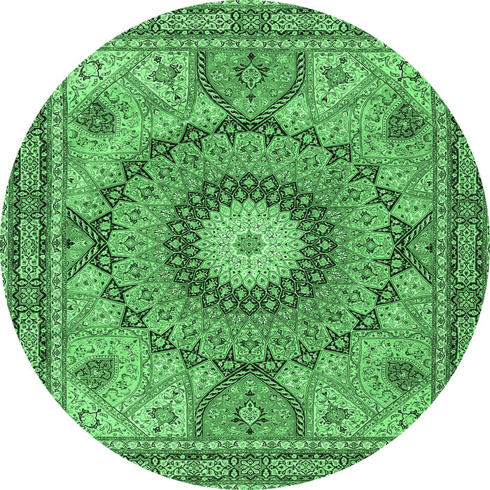 Round Machine Washable Medallion Emerald Green Traditional Area Rugs, wshtr4629emgrn
