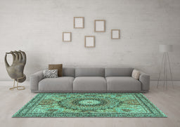 Machine Washable Medallion Turquoise Traditional Area Rugs in a Living Room,, wshtr4629turq