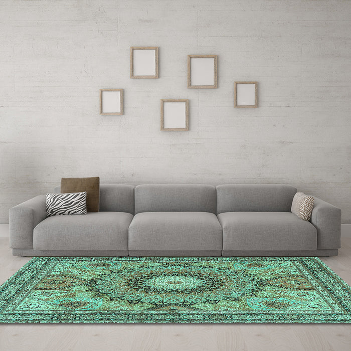 Machine Washable Medallion Turquoise Traditional Area Rugs in a Living Room,, wshtr4629turq