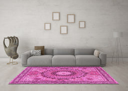 Machine Washable Medallion Pink Traditional Rug in a Living Room, wshtr4629pnk