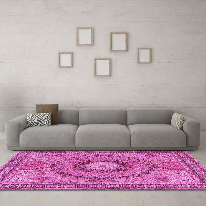 Machine Washable Medallion Pink Traditional Rug in a Living Room, wshtr4629pnk