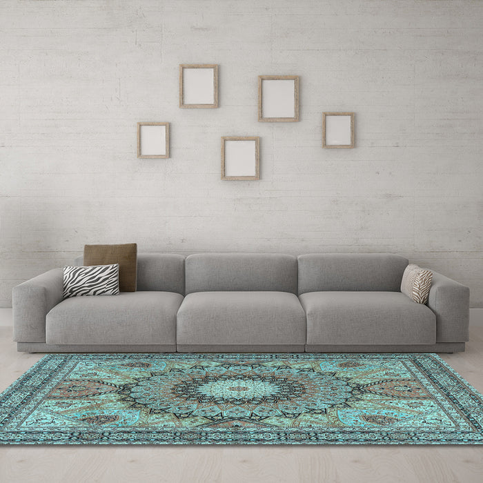 Machine Washable Medallion Light Blue Traditional Rug in a Living Room, wshtr4629lblu