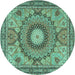 Round Machine Washable Medallion Turquoise Traditional Area Rugs, wshtr4629turq